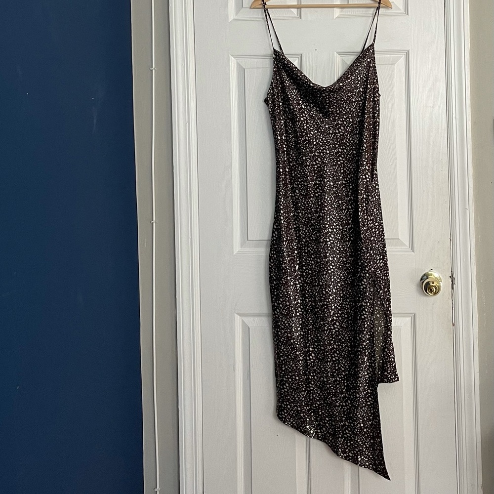 Satin cowl neck black/print dress. Wore once.